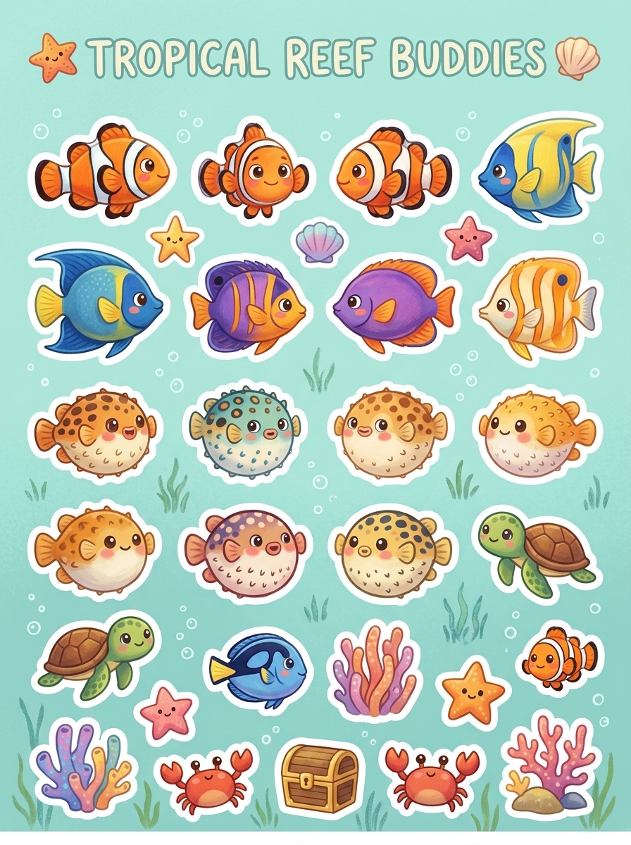 Reef fish sticker sheet