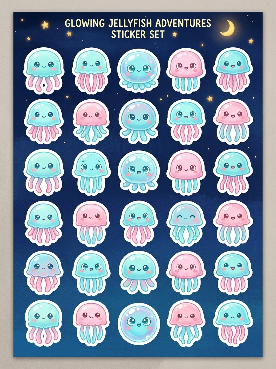 Glowing jellyfish sticker sheet