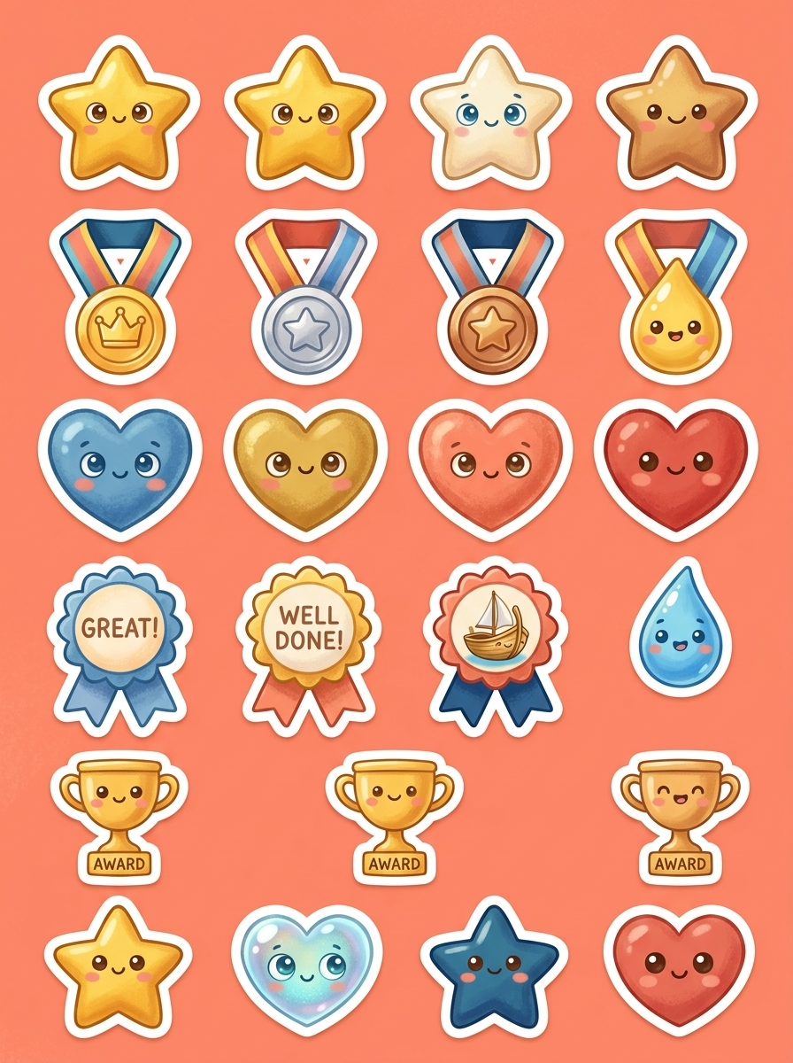 Reward stickers sheet with gold stars and medals